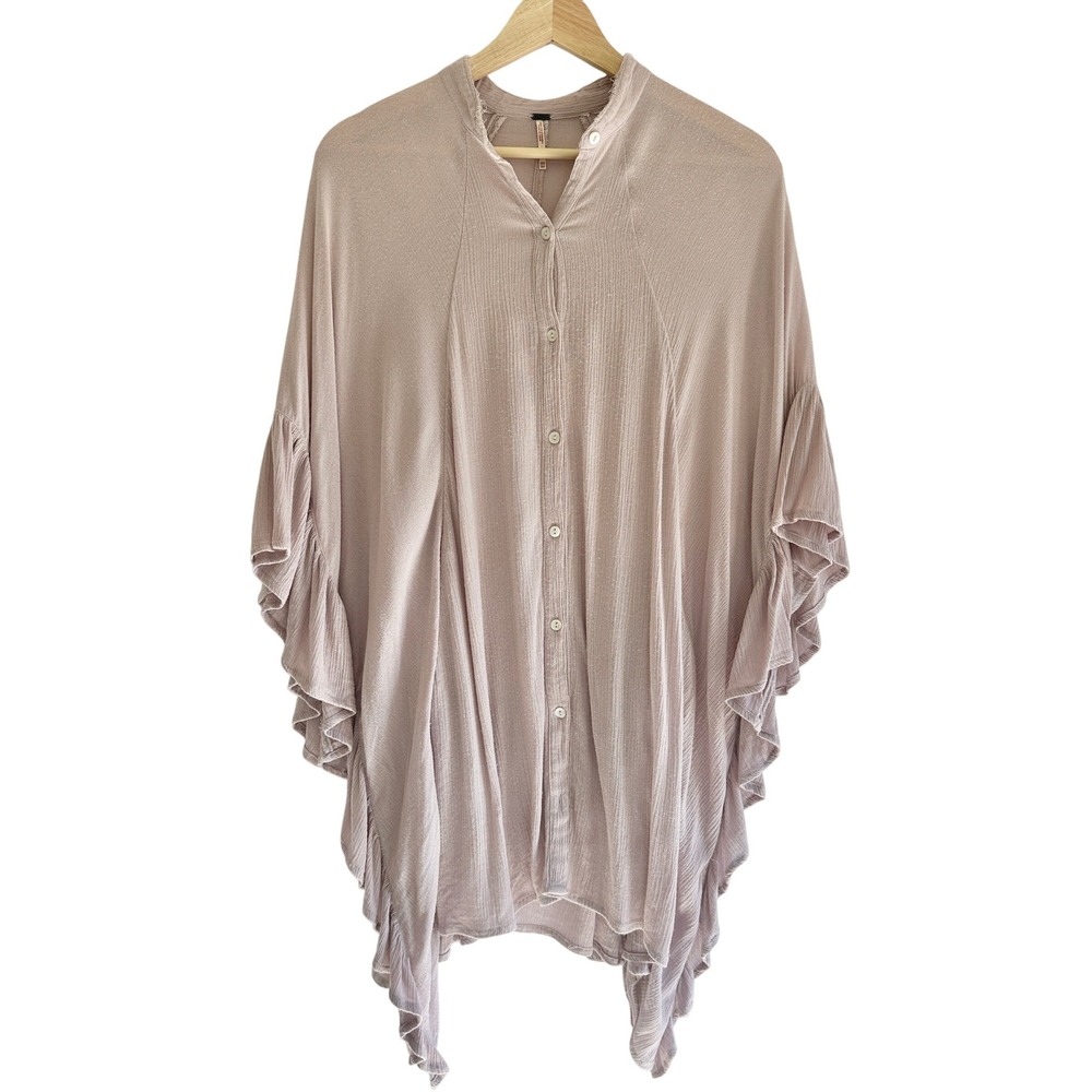 Free People XS/S Mauve Ruffle Sleeve Button Down Flowy Top‎ Blouse Boho Pockets